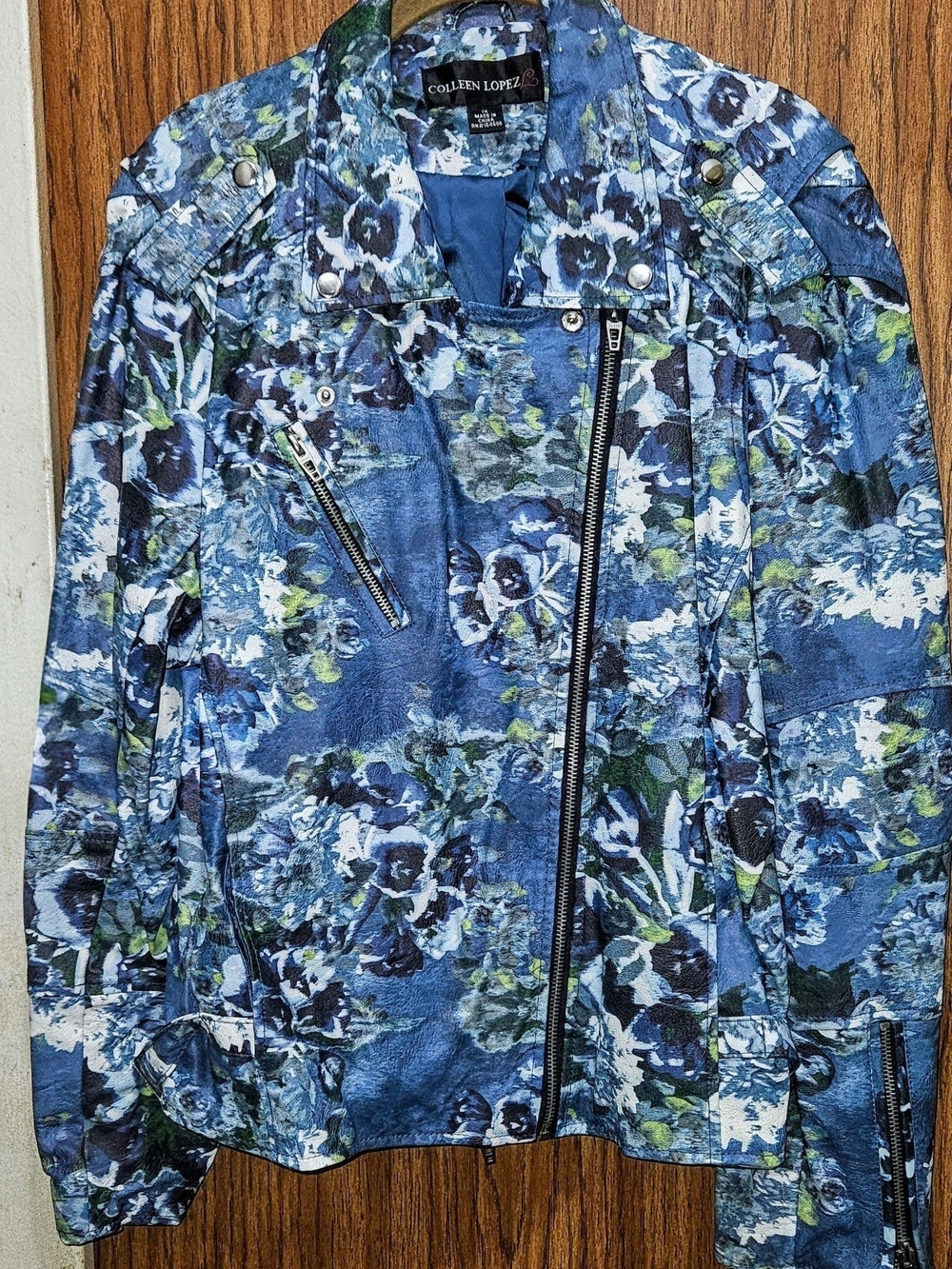 Colleen Lopez Blue Floral Asymmetrical Moto Jacket